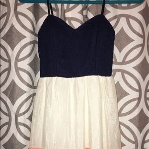 spaghetti-strap and white and navy blue dress